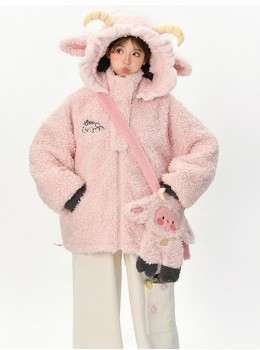 Cute Girl Cartoon Pink Sheep Lambswool Soft Kawaii Fashion Crossbody Bag Loose 3D Sheep Horn Ears Hooded Warm Coat Hoodie Set