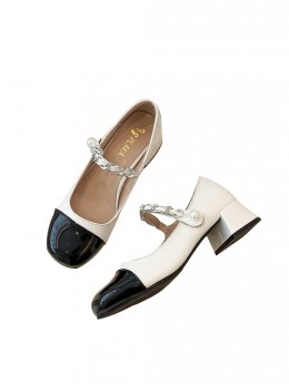 Retro Daily Versatile Elegant Lady Style Black Toe Cap Mary Jane Metal Buckle Classic Lolita Thick Heel Leather Shoes