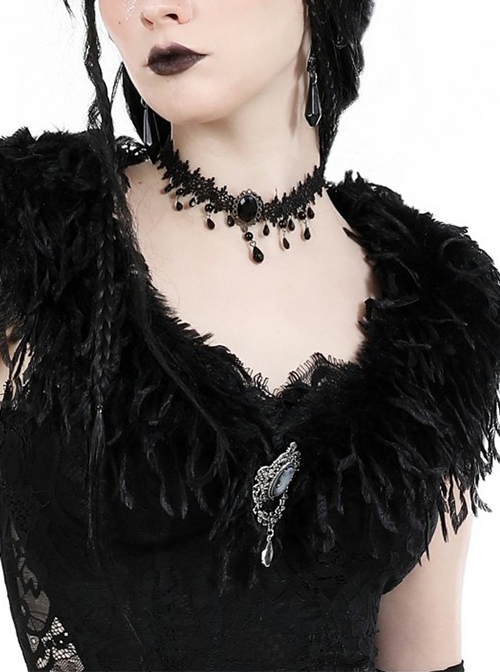 Gothic Dark Palace Retro Lace Gemstone Teardrop Gorgeous Black Necklace
