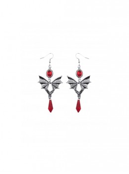 Dark Gothic Style Unique Three Dimensional Bat Shape Red Gemstones Embellished Bloody Earrings