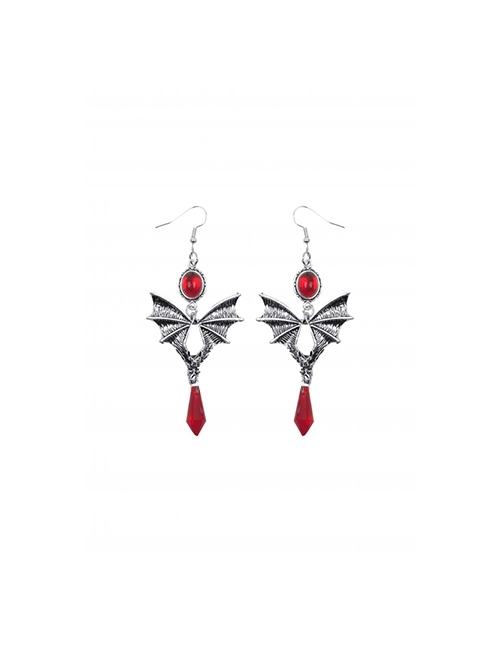 Dark Gothic Style Unique Three Dimensional Bat Shape Red Gemstones Embellished Bloody Earrings