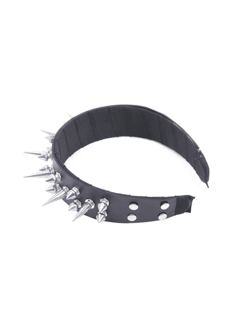 Punk Style Wild Rebellious Silver Long Short Pointed Nails Round Rivets Decorated Black Headband