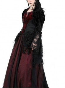 Gothic Style Gorgeous Velvet Dark Pattern Retro Lace Splicing Trumpet Sleeves Black Shawl
