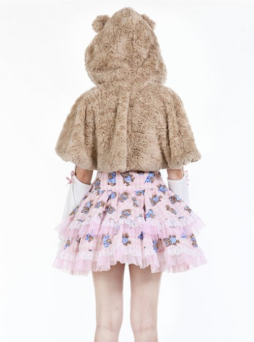 Gothic Style Cute Bear Ears Blue Bowknot Warm Windproof Plush Light Brown Hooded Short Cape