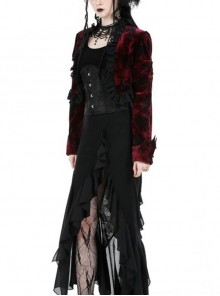 Gothic Style Elegant Retro Red Velvet Black Dark Pattern Lace Embellished Long Sleeve Short Cape