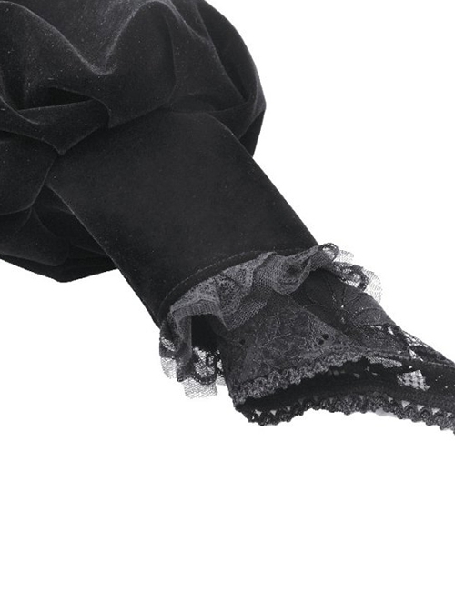 Gothic Style Elegant Velvet Retro Gigot Sleeve Hollow Lace Splicing Stand Collar Button Black Shawl
