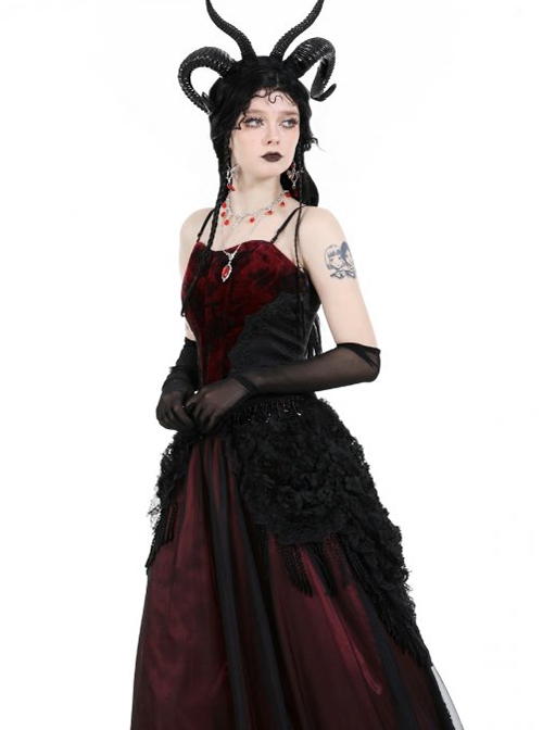 Dark Gothic Style Red Velvet Black Dark Pattern Embroidered Lace Stitching Elastic Suspender Corset Top