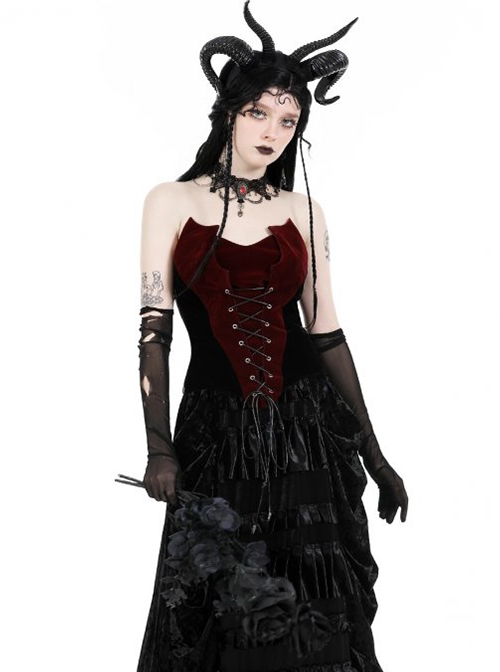 Gothic Style Retro Velvet Bat Wing Shape Cross Strap Black And Red Splicing Tight Tube Top Corset