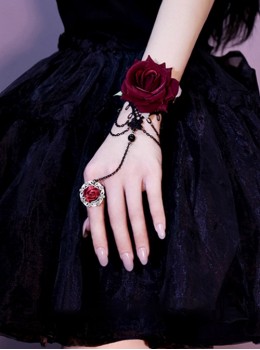 Punk Style Gothic Lolita Retro Artificial Dark Red Rose Lace Ring Gloves Sexy Chain Black Lace Wrist Straps