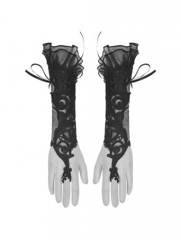 Gothic Style Hollow Mesh Exquisite Embroidery Ribbons Decorate Gorgeous Black Long Gloves