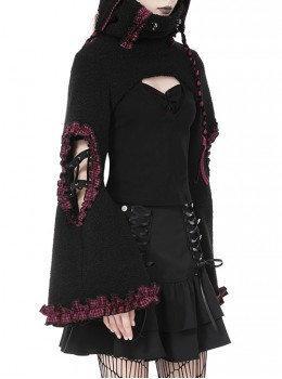 Dark Gothic Style Turtleneck Wool Hollow Trumpet Sleeves Black And Pink Plaid Lace Shawl