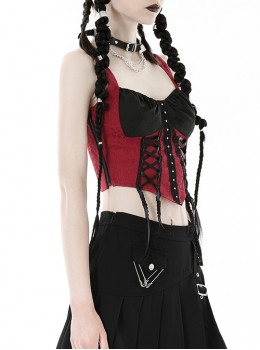 Gothic Style Silver Metal Round Rivet Ribbon Lace Decoration Stretch Black And Red Tight Suspender Top