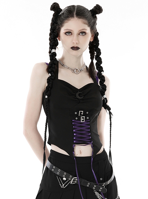 Punk Rock Style Moon Metal Buckle Decorated Purple Cross Ribbon Black Halterneck Suspender Tight Corset Top
