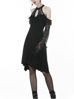 Gothic Style Elegant Sexy Halter Neck Lace Long Trumpet Sleeves Short Front Long Back Design Black Dress