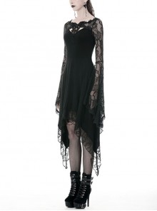 Gothic Style Hollow Corsage Elegant Lace Embroidered Long Sleeves Long Hem Black Slim Dress