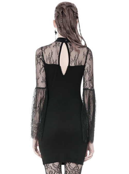 Gothic Style Classical Stand Collar Sexy Hollow Lace Cheongsam Black Long Sleeve Short Dress