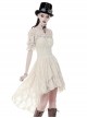 Steampunk Style Retro One Shoulder Lace Hem Short Front Long Back Design Beige Short Sleeve Dress