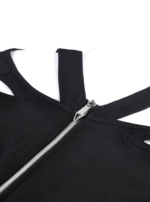 Punk Style Chest Zipper Off Shoulder Leather Strap Waist Black Long Sleeve Tight Dress