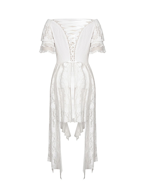 Steampunk Style Elegant One Shoulder Length Hem Retro White Lace Short Sleeve Dress