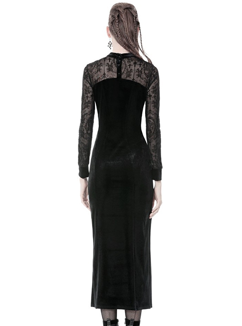 Gothic Style Elegant Velvet Lace Splicing Chest Hollow Hem Slit Black Tight Long Sleeve Dress