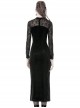 Gothic Style Elegant Velvet Lace Splicing Chest Hollow Hem Slit Black Tight Long Sleeve Dress