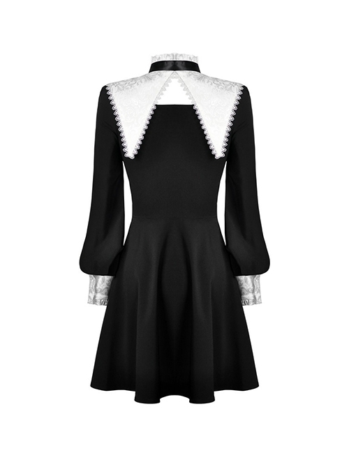 Gothic Style White Inverted Triangle Shawl Cross Lace Decoration Elegant Black Long Sleeve Dress