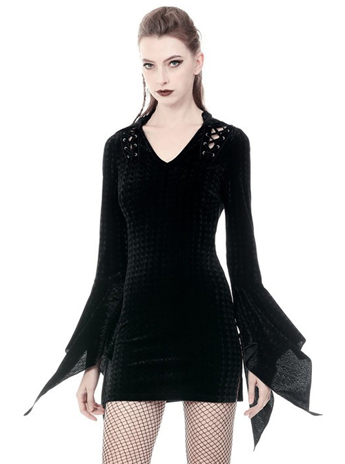 Gothic Dark Style Elegant Velvet Shoulder Hollow Backless Black Hooded Slim Fit Witch Short Dress