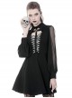 Gothic Style Bat Collar White Strapped Metal Cross Decorated Black Mesh Long Sleeve Dress