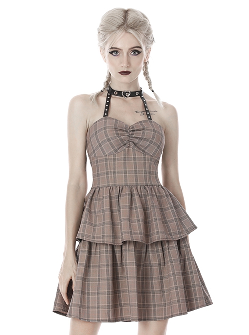 Punk Style Leather Halterneck Metal Love Buckle Rivets Decorated Strapless Tight Brown Plaid Dress