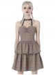 Punk Style Leather Halterneck Metal Love Buckle Rivets Decorated Strapless Tight Brown Plaid Dress