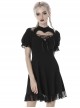 Gothic Style Stand Up Collar Puff Sleeves Lace Heart Hollow Backless Black Short Sleeve Dress