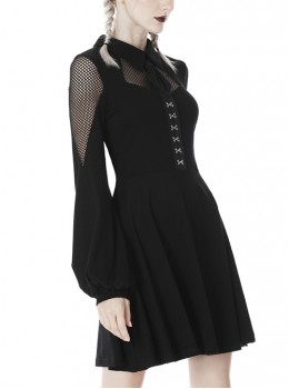 Punk Style Lapel Student-Like Mesh Stitching With Metal Buckle Decoration For Daily Long Sleeve Dress