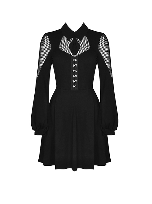 Punk Style Lapel Student-Like Mesh Stitching With Metal Buckle Decoration For Daily Long Sleeve Dress