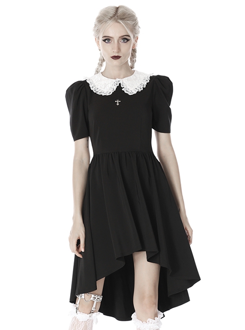 Gothic Style Retro Puff Sleeve White Lace Doll Collar Silver Cross Decorated Black Short Sleeve Dress
