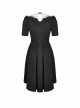 Gothic Style Retro Puff Sleeve White Lace Doll Collar Silver Cross Decorated Black Short Sleeve Dress