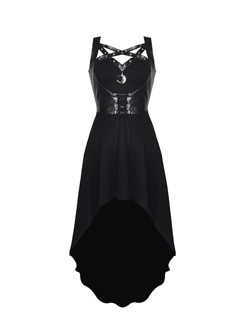 Punk Style Cool Leather Strap Waistband Metal Moon Pendant Black Suspender Long Dress
