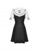 Gothic Style Stand Up Collar White Lace Stitching Bowknot Decoration Cute Black Short Sleeve Dress