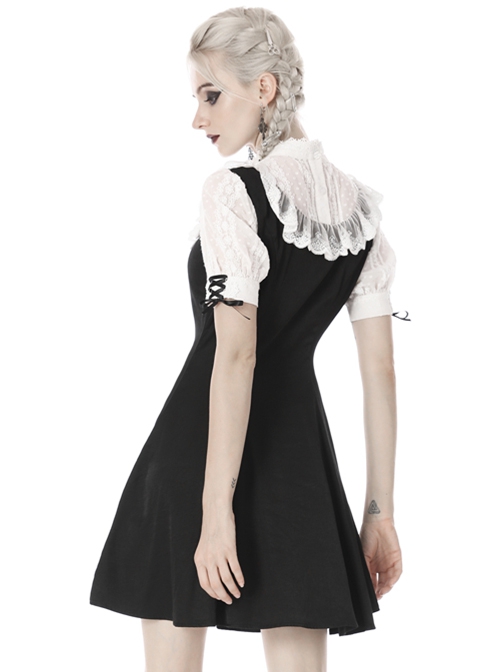 Gothic Style Stand Up Collar White Lace Stitching Bowknot Decoration Cute Black Short Sleeve Dress