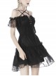 Gothic Style Unique Cross Star Strap Off Shoulder Short Sleeve Elegant Black Lace Short Dress
