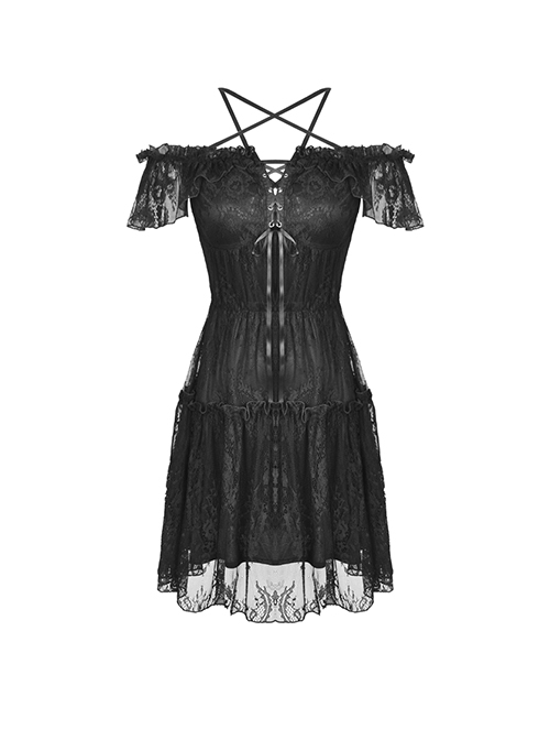 Gothic Style Unique Cross Star Strap Off Shoulder Short Sleeve Elegant Black Lace Short Dress