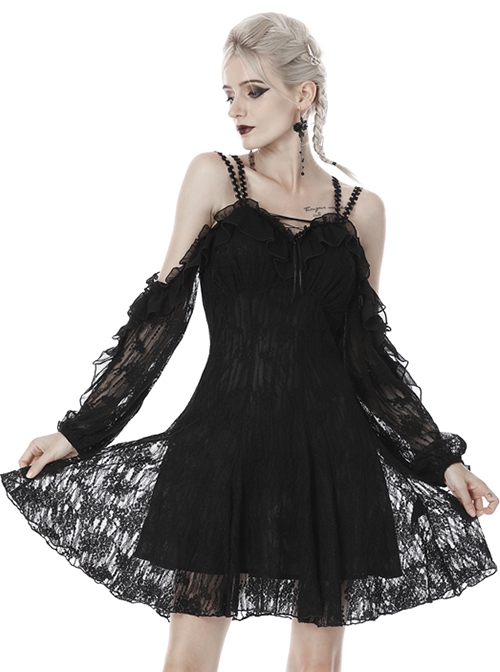 Gothic Style Elegant Off Shoulder Sexy Lace Mesh Black Suspender Long Sleeves Dress