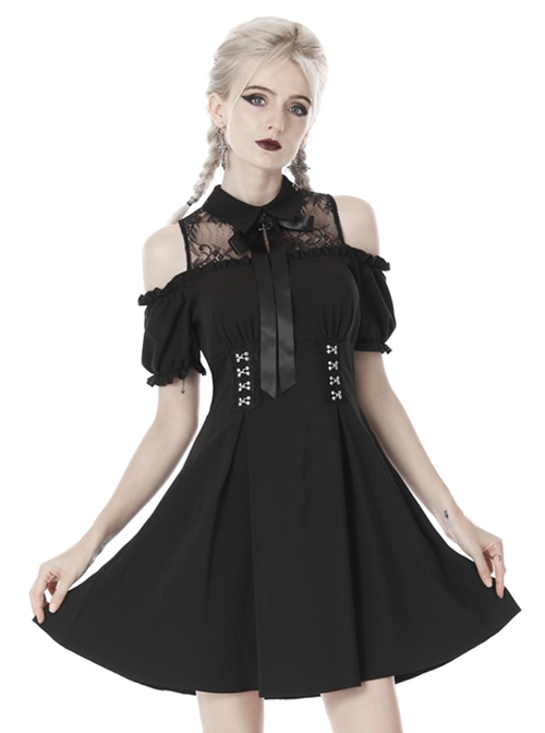 Gothic Style Lapel Bowknot Tie Lace Splicing Off Shoulder Short Sleeves Black Short Dress