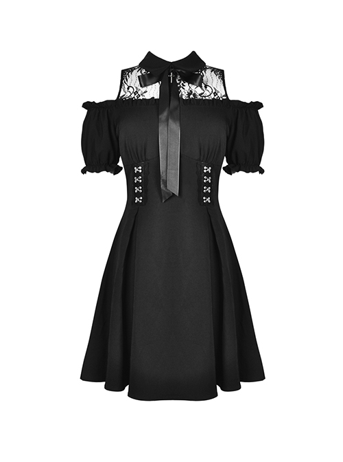 Gothic Style Lapel Bowknot Tie Lace Splicing Off Shoulder Short Sleeves Black Short Dress