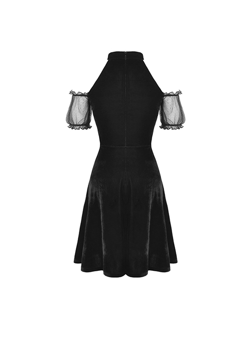 Gothic Style Elegant Velvet Metal Moon Shaped Pendant Black Halter Neck Strap Sleeves Dress