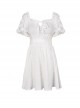 Punk Style Woven Front And Back Webbing Decorated Lace Puff Sleeves Backless White Short Sleeves Dress