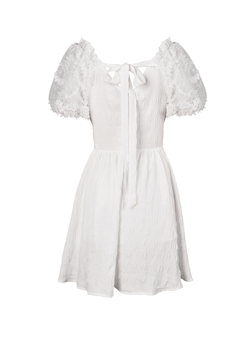 Punk Style Woven Front And Back Webbing Decorated Lace Puff Sleeves Backless White Short Sleeves Dress