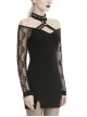 Punk Style Sexy Off Shoulder Cross Strap Leather Halterneck Black Tight Mesh Long Sleeves Short Dress