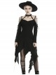 Punk Style Mysterious Witch Halter Neck Strap Asymmetric Tattered Hem Black Long Sleeves Dress