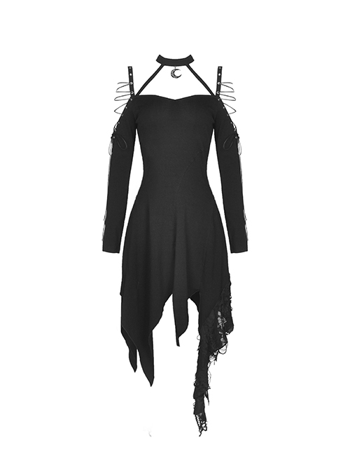 Punk Style Mysterious Witch Halter Neck Strap Asymmetric Tattered Hem Black Long Sleeves Dress