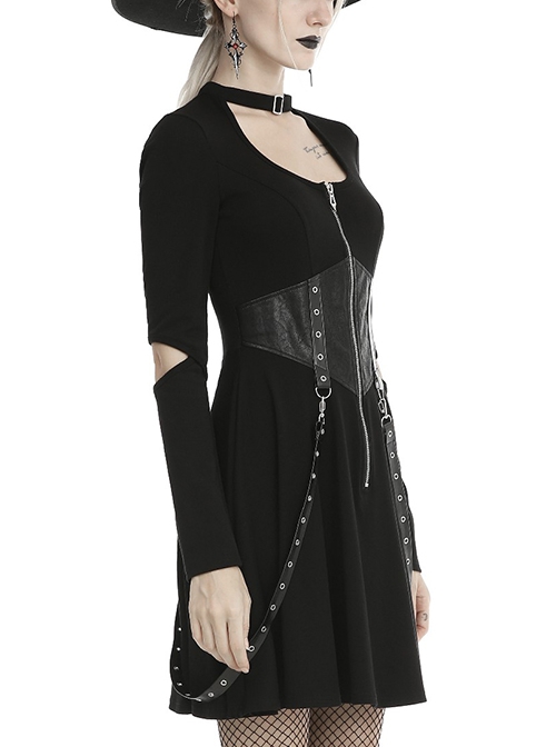 Punk Style Chest Hollow Leather Corset Bandage Rivet Decoration Black Long Sleeves Dress